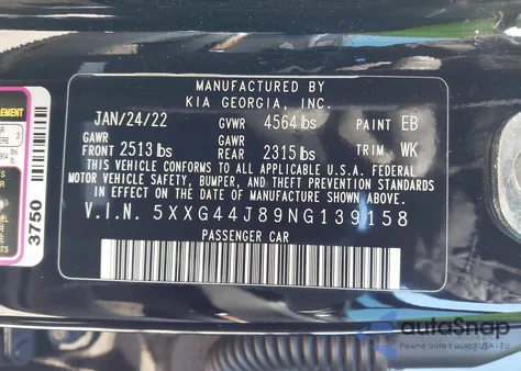 2022 Kia K5 Gt z USA, uszkodzony, nr VIN 5XXG44J89NG139158